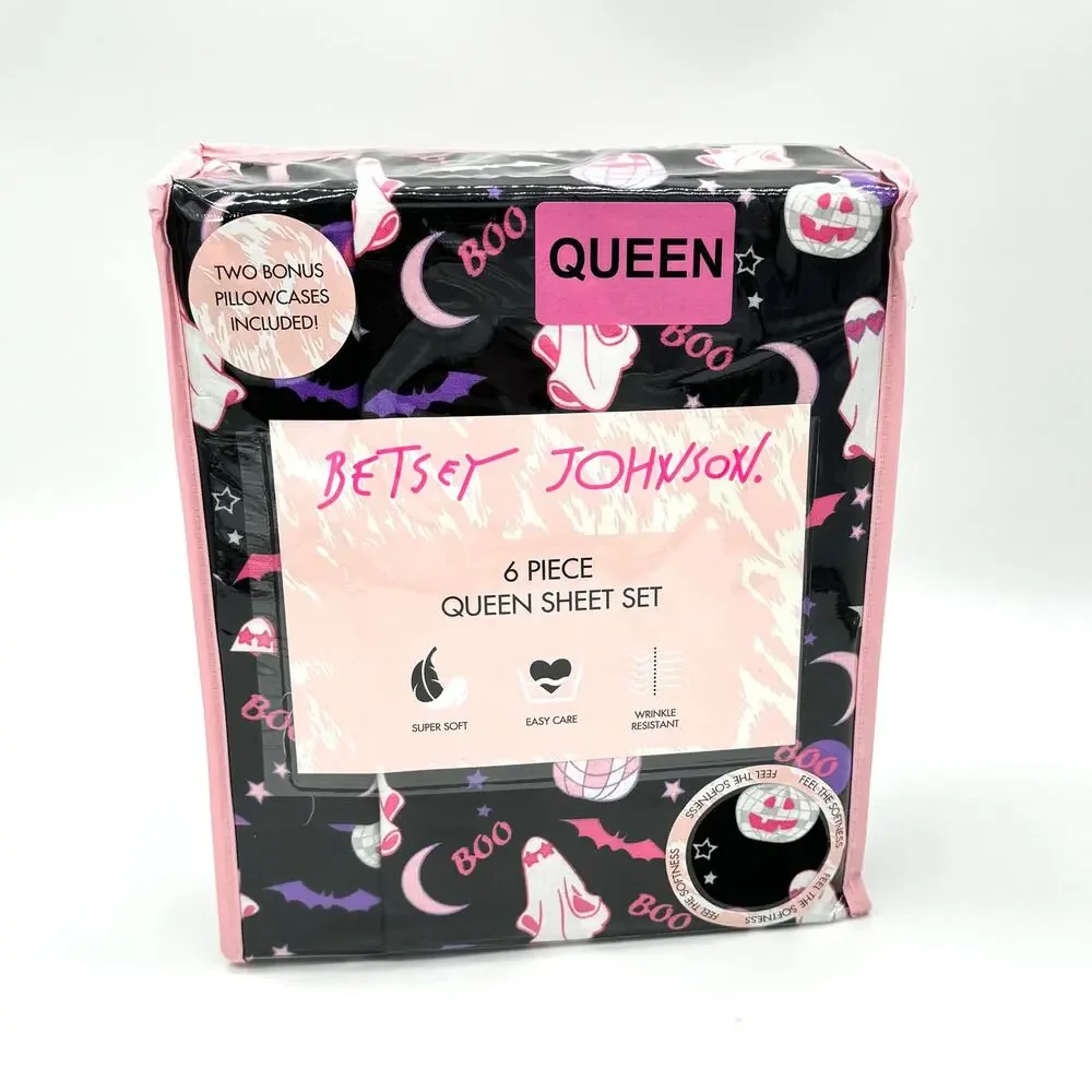 Betsey Johnson Boo Party QUEEN Sheet Set Ghosts Disco Pumpkins Bats Pink Black
